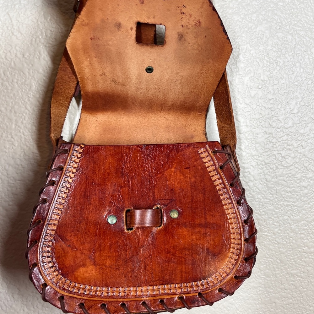 Vintage 70’s Genuine Leather Stitched Embossed Crossbody Bag Mexican Boho - Picture 9 of 11
